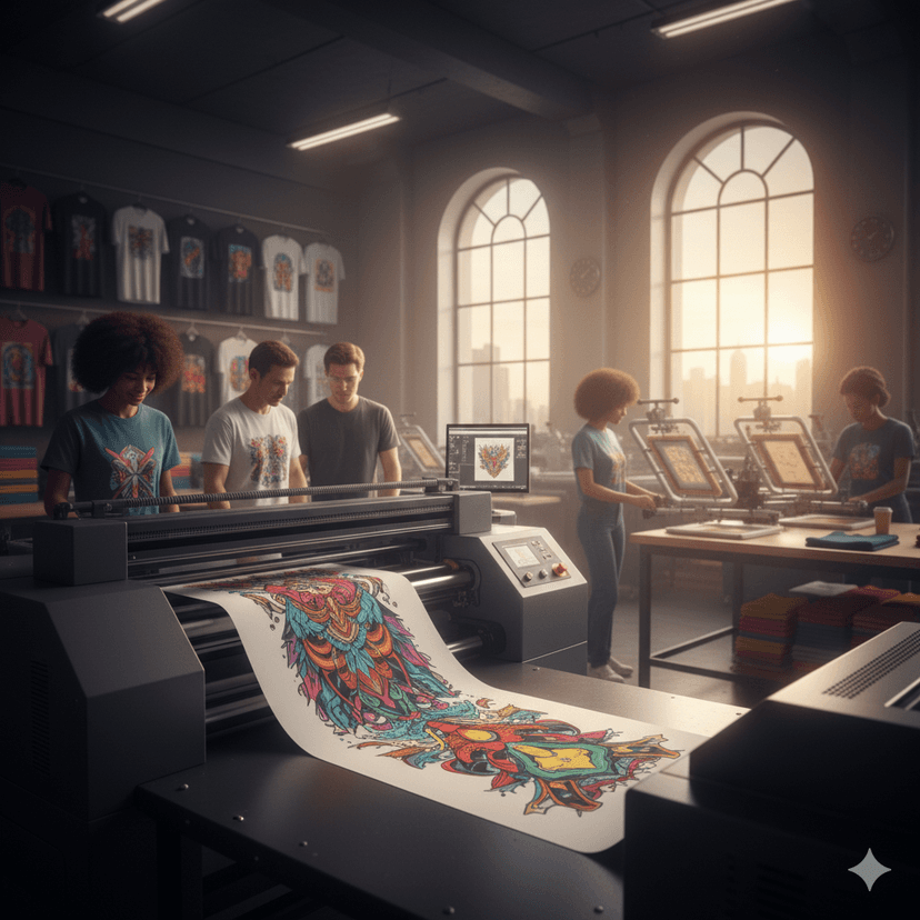 Teknologi Printing Terdepan - Mesin DTF (Direct to Film) dan sablon manual dengan tinta berkualitas tinggi menghasilkan warna tajam, detail presisi, dan tahan lama.